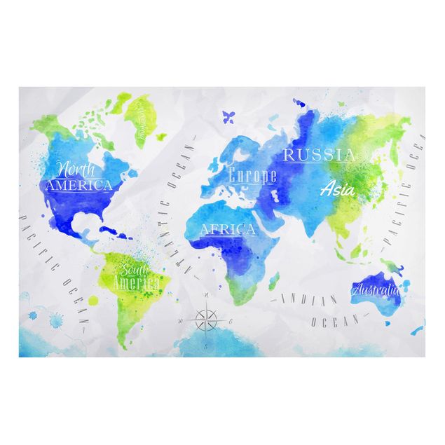 Tableros magnéticos mapamundi World Map Watercolour Blue Green