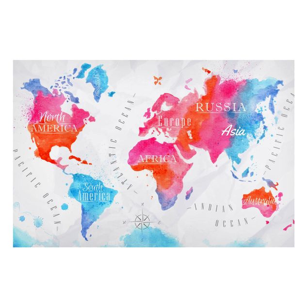 Tableros magnéticos mapamundi World Map Watercolour Red Blue