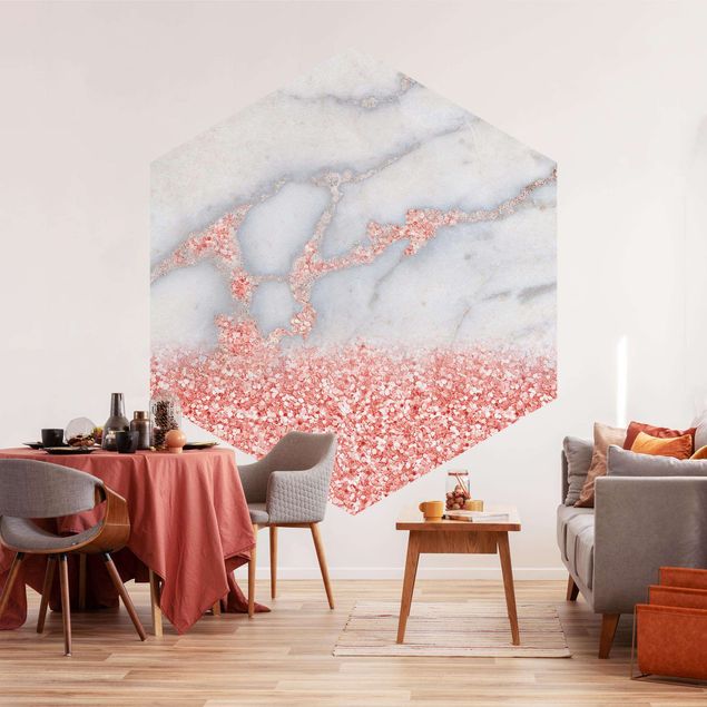 Papel pintado salón moderno Marble Look With Pink Confetti
