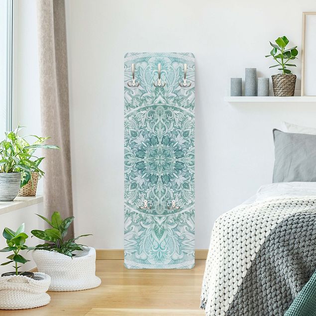 Perchero de pared panel de madera - Mandala Watercolour Ornament Pattern Turquoise