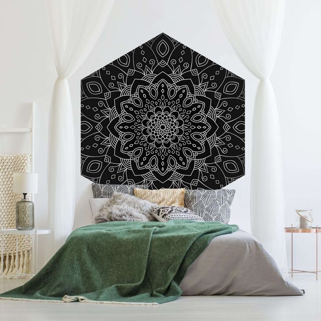 Papel pintado con patrones Mandala Flower Pattern Silver Black