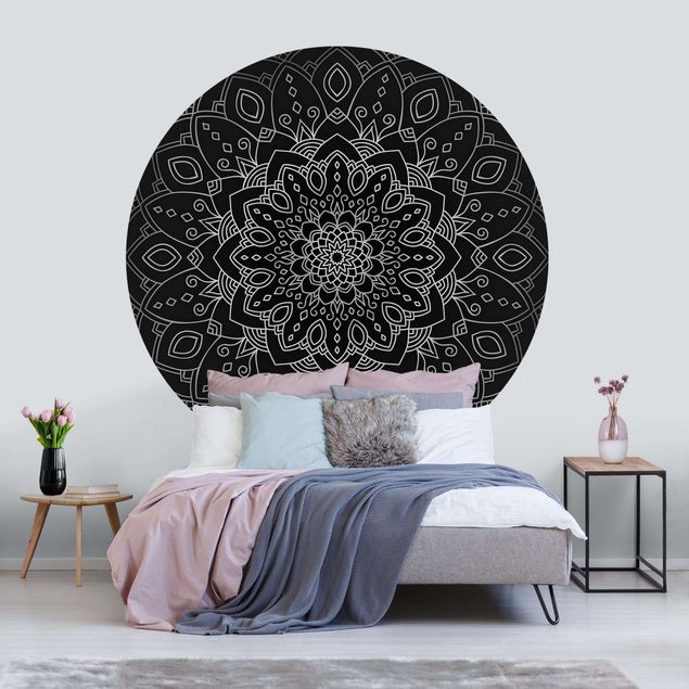 Papel pintado adornos Mandala Flower Pattern Silver Black