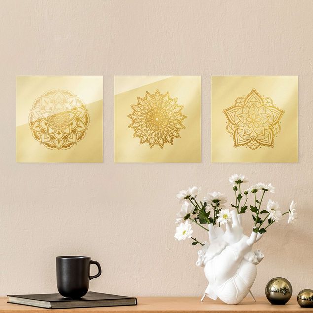 Cuadros de cristal espirituales Mandala Flower Sun Illustration Set Gold