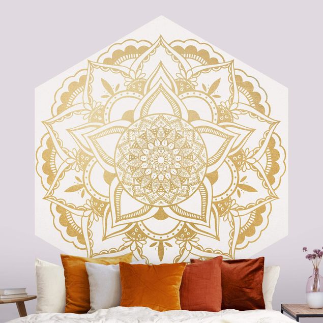 Papel pintado adornos Mandala Flower Gold White