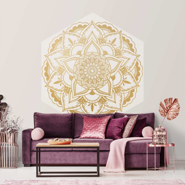 Papel pintado con patrones Mandala Flower Gold White