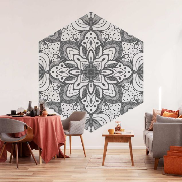 Papel pintado con patrones Mandala With Grid And Dots In Gray