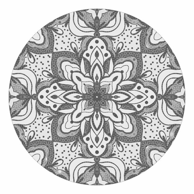 Papel pintado en blanco y negro Mandala With Grid And Dots In Grey