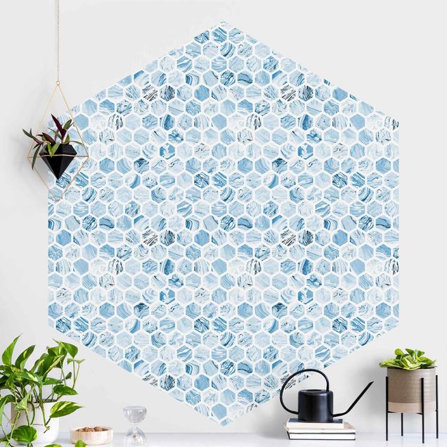 Papel pintado efecto mármol Marble Hexagons Blue Shades