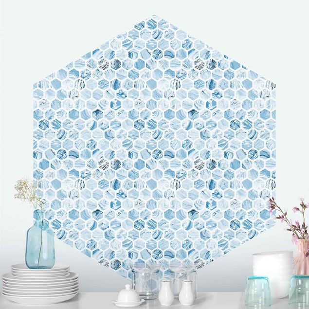 Papel pared geométrico Marble Hexagons Blue Shades