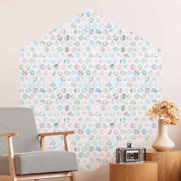 Papel pintado efecto mármol Marble Hexagons Rose And Sea Blue