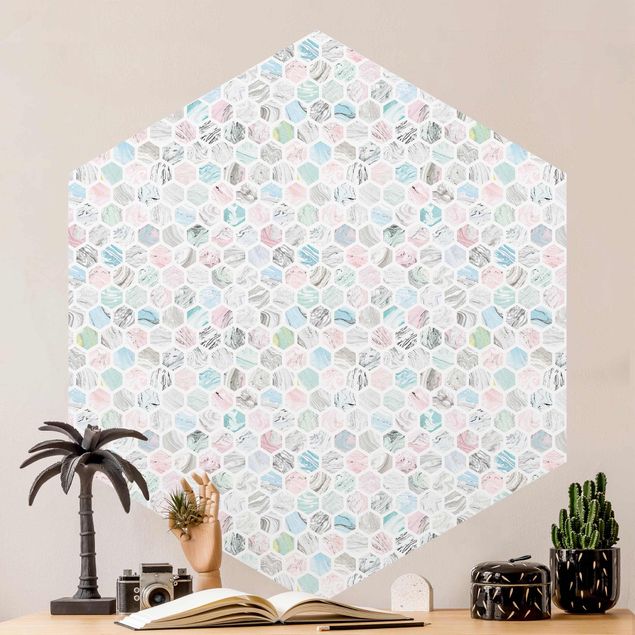 Papel pared geométrico Marble Hexagons Rose And Sea Blue
