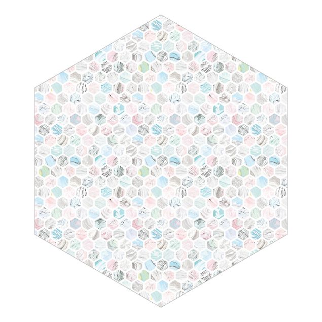 Papel pintado estilo industrial Marble Hexagons Rose And Sea Blue