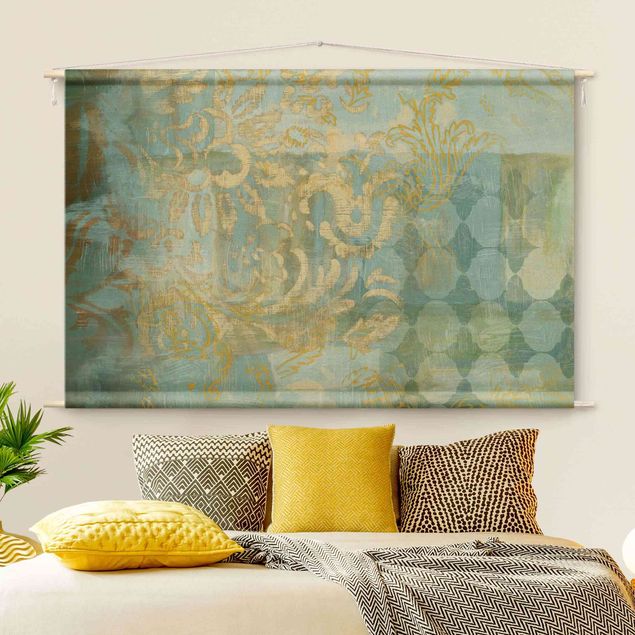 Tapices vintage Moroccan Collage In Gold And Turquoise