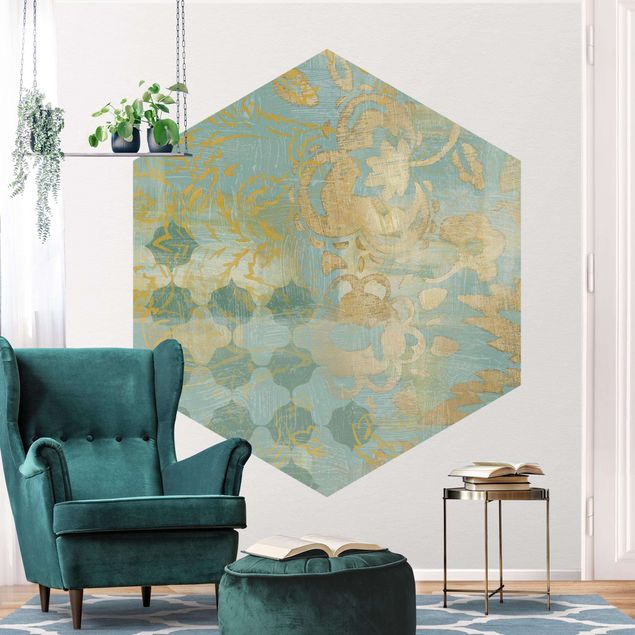 Papel pared dorado Moroccan Collage In Gold And Turquoise II