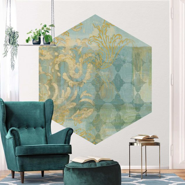 Papel pared dorado Moroccan Collage In Gold And Turquoise