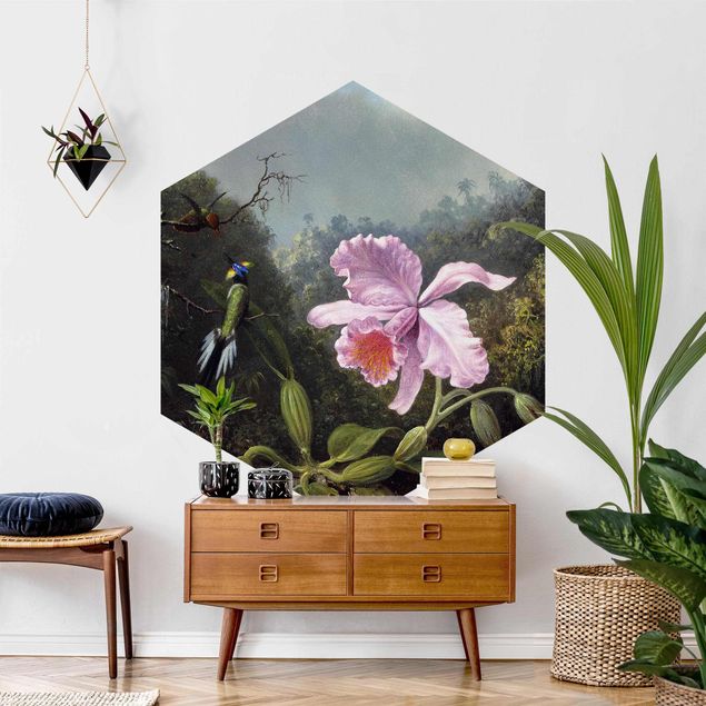 Papel pintado aves Martin Johnson Heade - Still Life With An Orchid And A Pair Of Hummingbirds