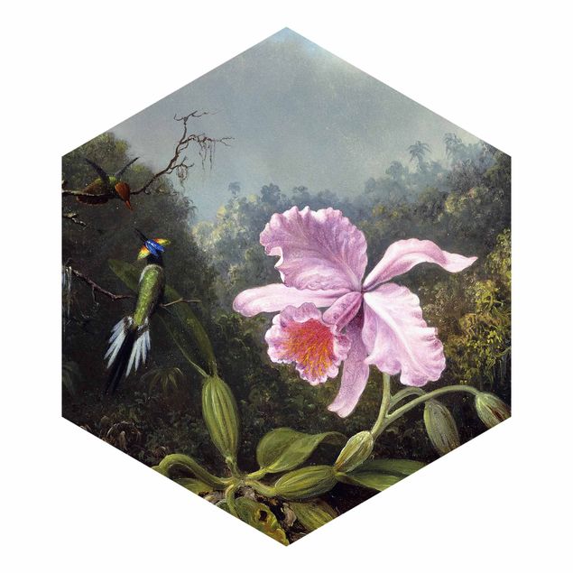 Papel pintado floral Martin Johnson Heade - Still Life With An Orchid And A Pair Of Hummingbirds
