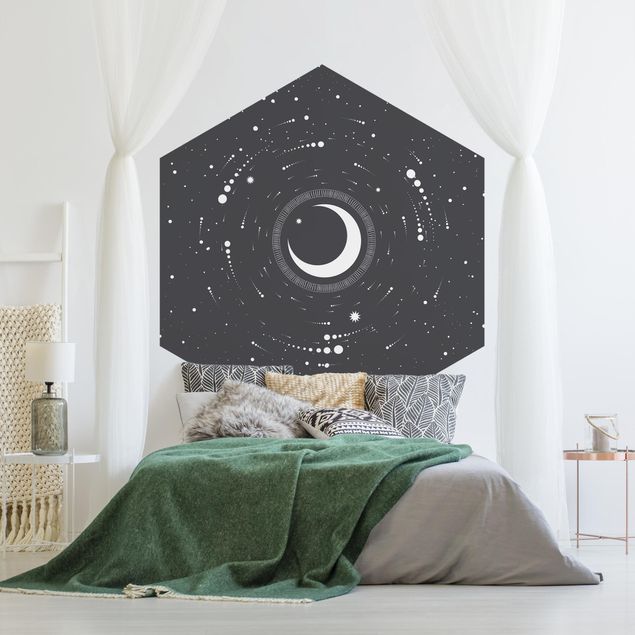 Papel pintado en blanco y negro Moon In Star Circle