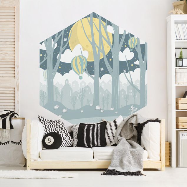 Papel pintado hexagonal Moon With Trees And Houses
