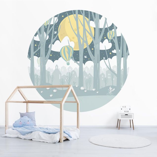 Papel pintado moderno Moon With Trees And Houses