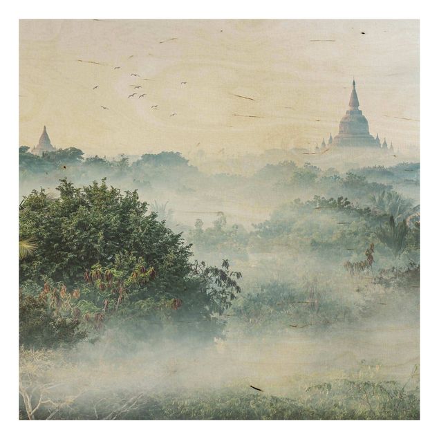 Cuadros de madera paisajes Morning Fog Over The Jungle Of Bagan