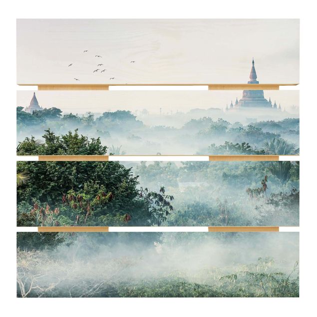 cuadros de madera decorativos Morning Fog Over The Jungle Of Bagan