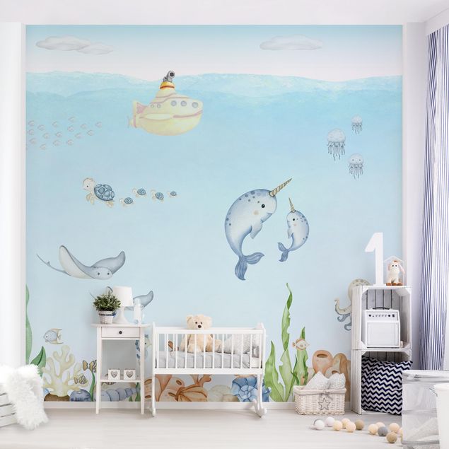 Papel pintado peces Narwhal family with friends