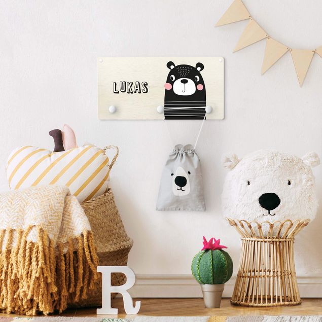 Percheros de pared en blanco y negro Cute Striped Bear With Customised Name