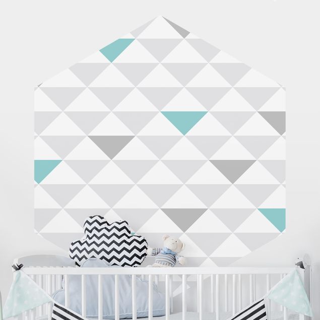 Papeles pintados geométricos No.YK64 Triangles Gray White Turquoise