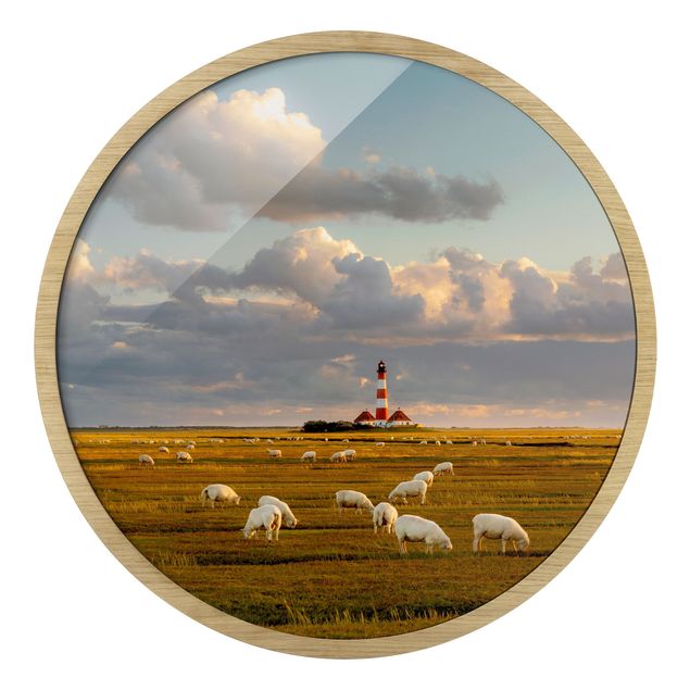Pósters enmarcados de playas North Sea Lighthouse With Flock Of Sheep