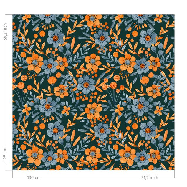 Cortinas con patrones Orange Blue Flowers On Dark Teal
