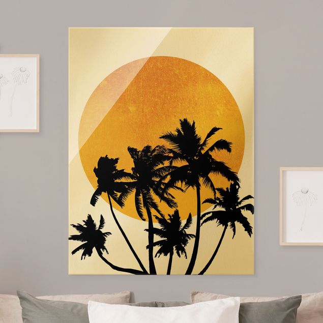 Cuadros de cristal puestas de sol Palm Trees In Front Of Golden Sun