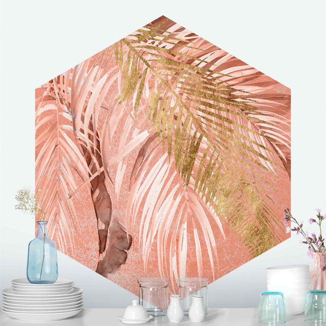 Papel pintado floral Palm Fronds In Pink And Gold II