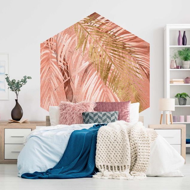 Papel pintado hexagonal Palm Fronds In Pink And Gold II