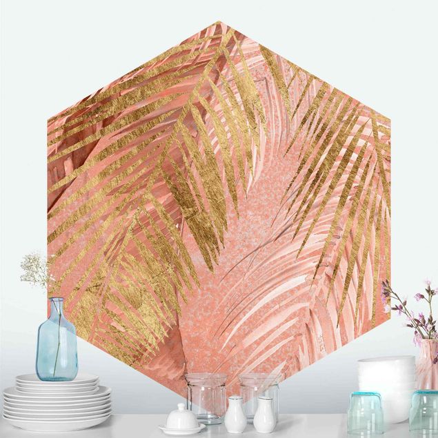Papel pintado floral Palm Fronds In Pink And Gold III