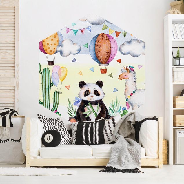Papel pintado hexagonal Panda And Lama Watercolour