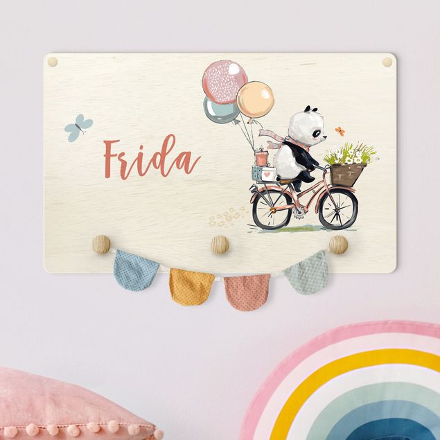 Decoración infantil pared Panda On Flower Bicycle With Customised Name