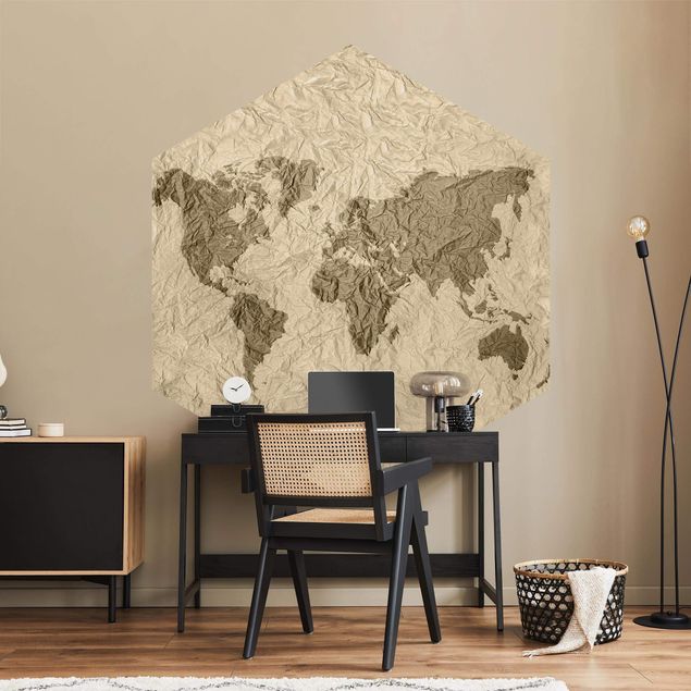 Papel pintado hexagonal Paper World Map Beige Brown