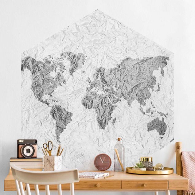 Papeles pintados modernos Paper World Map White Gray