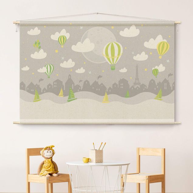 Tapices de pared modernos Paris With Stars And Hot Air Balloon In Grey