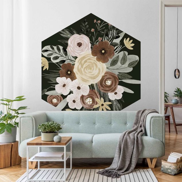 Papel pintado salón moderno Pastel Bouquet Of Flowers On Green Backdrop I