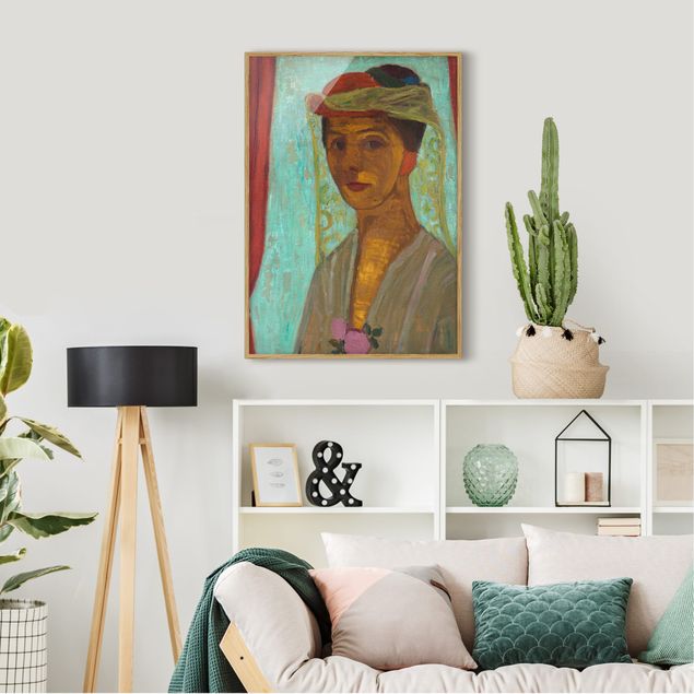 Pósters enmarcados de cuadros famosos Paula Modersohn-Becker - Self-Portrait with a Hat and Veil