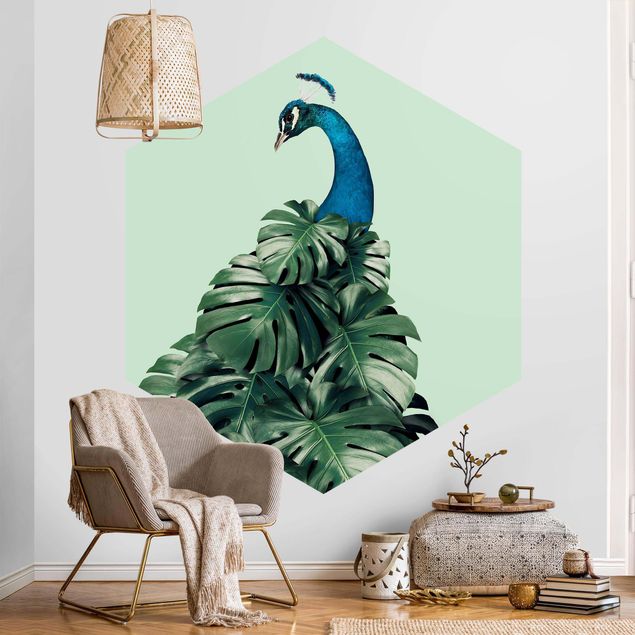 Papel pared flores Peacock With Monstera Leaves
