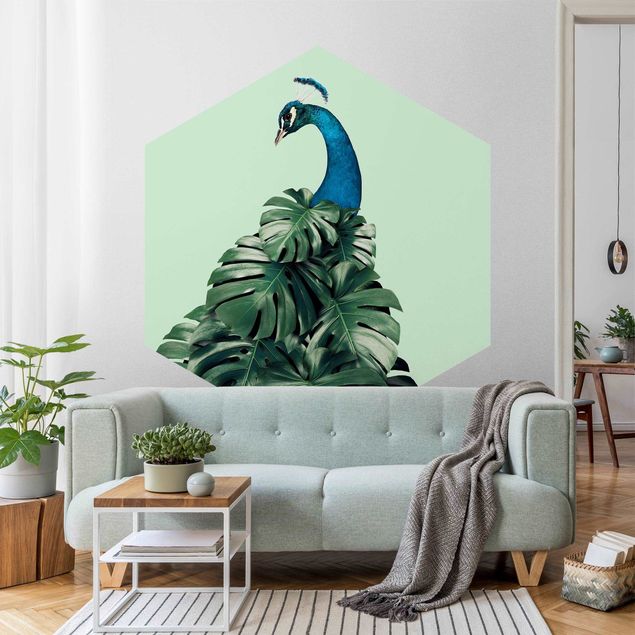 Papel pintado salón moderno Peacock With Monstera Leaves