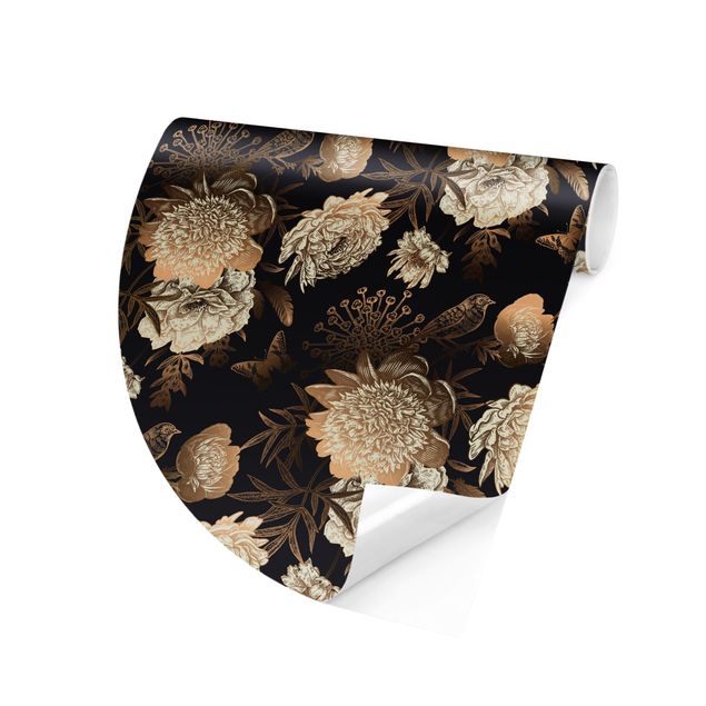 Papel pared flores Peony Pattern Black Gold