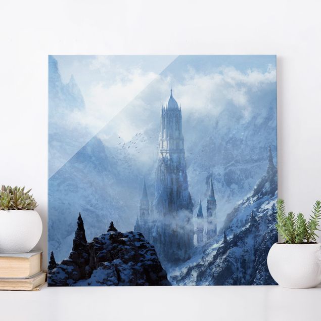 Cuadros de cristal montañas Fantasy Castle In Snowy Landscape