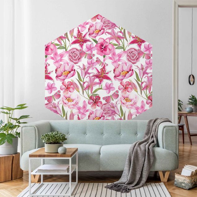 Papel pintado con patrones Pink Flowers With Butterflies