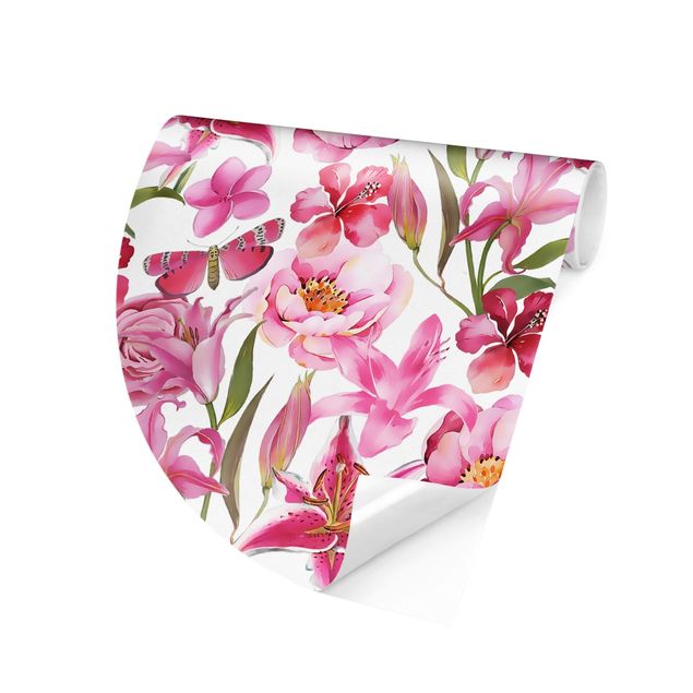 Papel pintado floral Pink Flowers With Butterflies