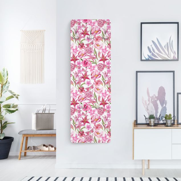 Percheros de pared de patrones Pink Flowers With Butterflies