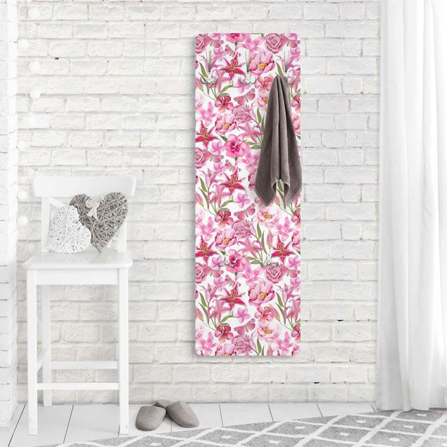 Perchero de pared rústico Pink Flowers With Butterflies